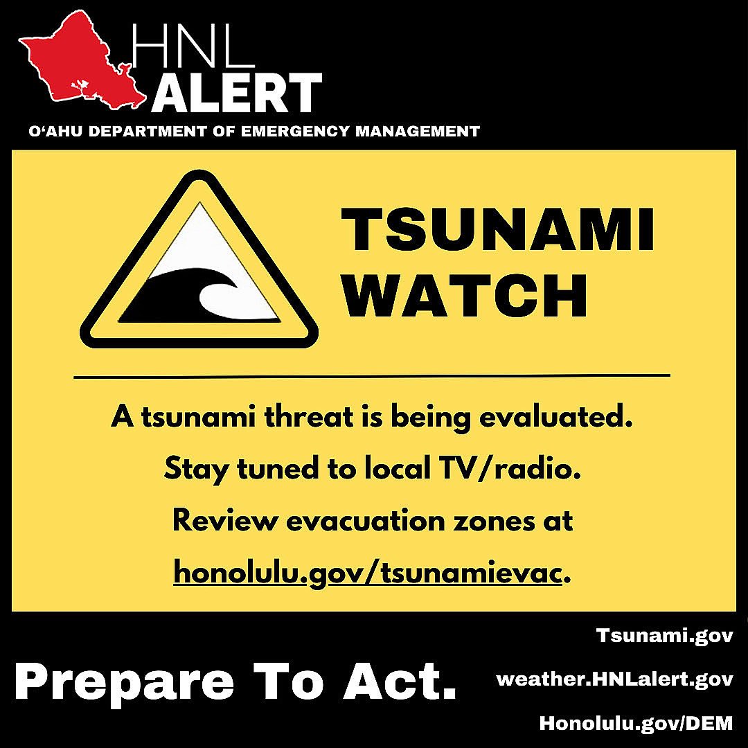 HNL ALERT:  TSUNAMI WATCH ISSUED FOR STATE OF HAWAII! 

8.0 earthquake off coast of Russia may have generated a tsunami. Investigation underway. If there is a threat to Hawaii, the earliest estimated wave is 7:17PM (HST). 

#breakingnews #hawaiinews #iheartradio #tsunamiwatch