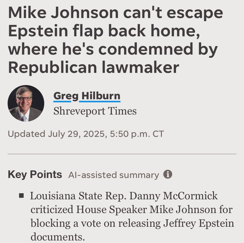 Thomas Massie (@repthomasmassie) on Twitter photo .<a href="/SpeakerJohnson/">Speaker Mike Johnson</a> is running interference for those who don’t want the Epstein sex trafficking ring exposed, telling falsehoods about my bill, and working with the people running $1.8 million of ads against me, but people aren’t buying it back in Louisiana.
shreveporttimes.com/story/news/202… .<a href="/SpeakerJohnson/">Speaker Mike Johnson</a> is running interference for those who don’t want the Epstein sex trafficking ring exposed, telling falsehoods about my bill, and working with the people running $1.8 million of ads against me, but people aren’t buying it back in Louisiana.
shreveporttimes.com/story/news/202…