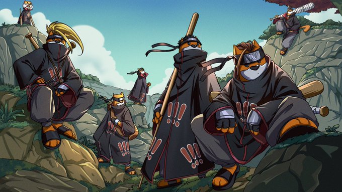 Bonk Inu ninja-themed artwork featuring dog characters in a rocky landscape