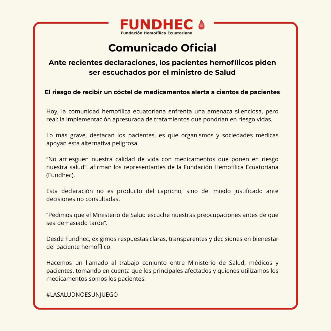 FUNDHEC's tweet photo. Los pacientes hemofílicos también debemos lidiar a diario con la desinformación. Por eso, hacemos un llamado urgente a @Salud_Ec y a su titular @JimmyMartinEc para que nos escuche y entienda nuestras preocupaciones.

#LaSaludNoEsUnJuego https://t.co/fqVTPNDy12