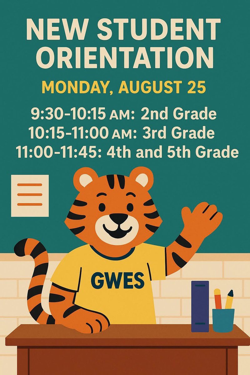 📣 NEW STUDENT ORIENTATION INFO 🐯✏️
📅 Mon, Aug 25
🕤 2nd – 9:30 AM
🕥 3rd – 10:15 AM
🕚 4th &amp; 5th – 11:00 AM
🎒 Bring labeled supplies
🚫 No PGCPS transportation
👨‍👩‍👧 1 adult per student
For NEW students only!
#GWESTigers #TigerPride #WelcomeToGWES