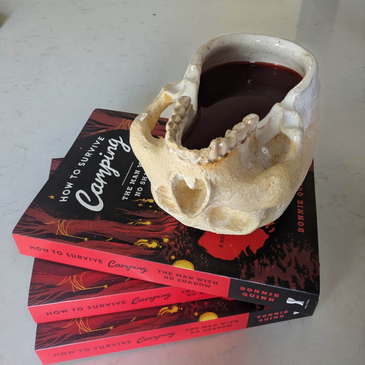 We're a week away from the US publication date of How to Survive Camping: The Man With No Shadow. Am I excited? Of course! Am I nervous? Also yes. Was staging a skull mug filled with cherry jello on top of my books absolutely terrifying?

Yes. 🥹
