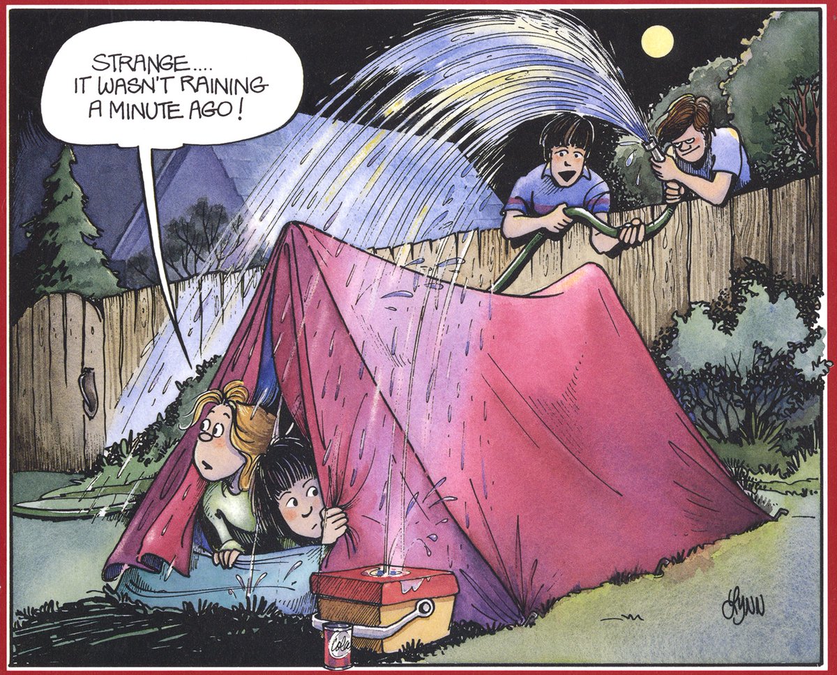 Dawn and Elizabeth don't know it yet, but they're about to get into a water fight! Did you ever camp out in your backyard?

#campout #camping #kidscamping #funnycomic #comics #lynnjohnston