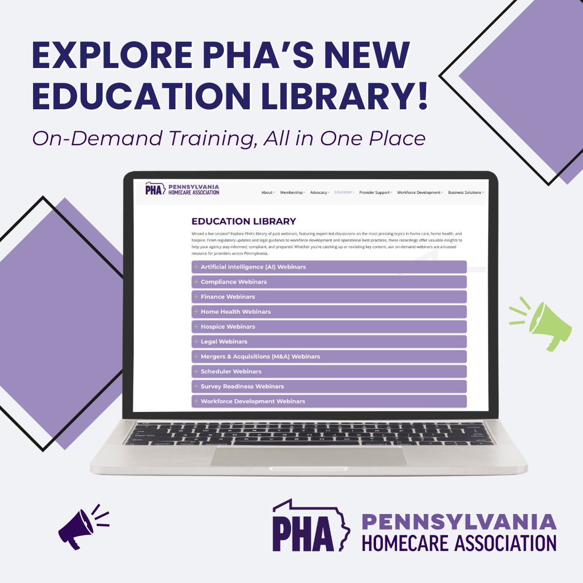 The PHA Education Library is your year-round resource for professional growth.  
  
✅ Available 24/7 
✅ Many sessions free or discounted for PHA members 
✅ Designed for providers across Pennsylvania 
  
Start exploring today: pahomecare.org/education-libr…