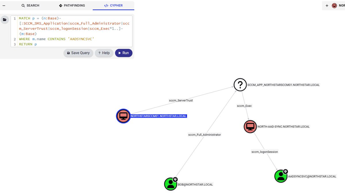 New BH OpenGraph stuff is pretty cool, threw together a super basic PoC to map attack paths through SCCM this afternoon using data pulled from the site DB: