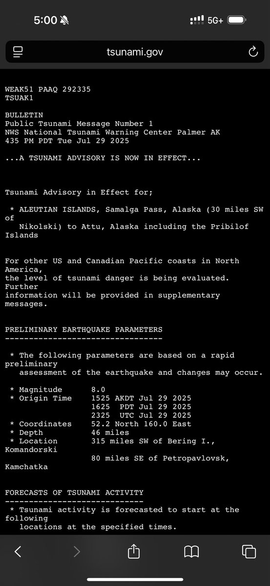 Tsunami Watch active for Hawaii … and advisory for Alaska, West Coast potential for advisory still being evaluated, stay tuned 7/29/2025 7/29/2025 #HIwx #CAwx #AKwx #earthquake <a href="/NWS_NTWC/">NWS Tsunami Alerts</a>