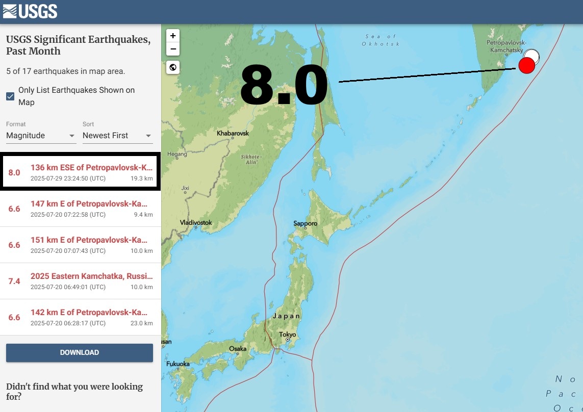 8.0 earthquake hits - 136 km ESE of Petropavlovsk-Kamchatsky, Russia.
