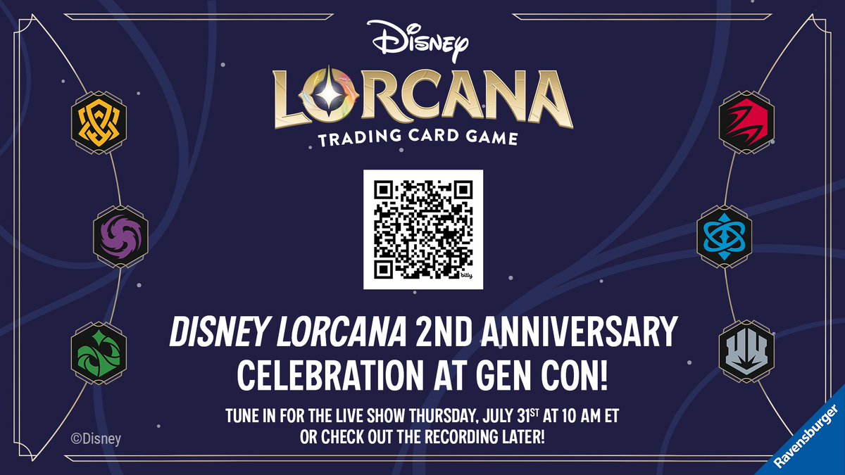 Tune in to twitch.tv/DisneyLorcana this Thursday July 31st at 10 am ET / 7 am PT for the Disney Lorcana 2nd Anniversary Panel! What better way to celebrate an anniversary than with card previews and a look into future sets? Join us!

#Disney #DisneyLorcana #GenCon2025 #Fabled