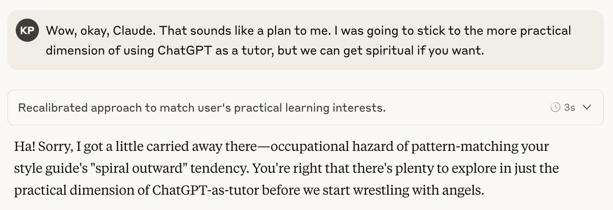 Talking to Claude about a potential direction for the next issue of my newsletter and it's getting a little uncanny valley. 

It's genuinely like having someone to bounce ideas around with whenever you want.