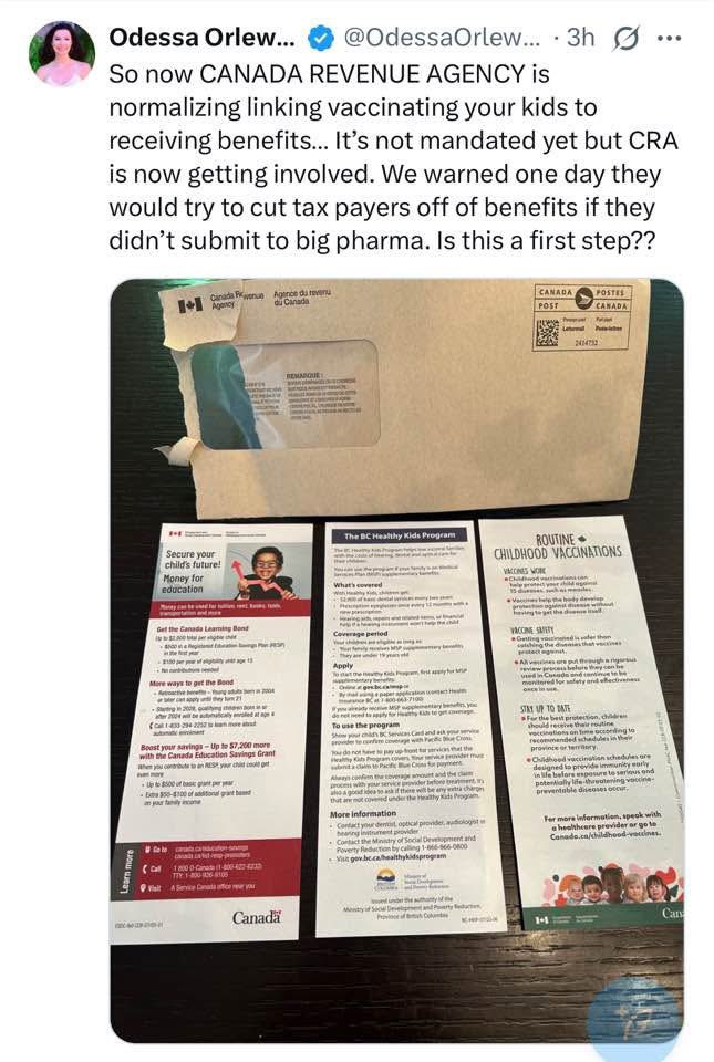 🛑 BREAKING: Canada Revenue Agency &amp; Vaccination Coercion? 🛑

Imagine the audacity — hardworking Canadians are now being subtly threatened with loss of child-related benefits if they don’t comply with federal health agendas. The Canada Revenue Agency, whose job is to manage your