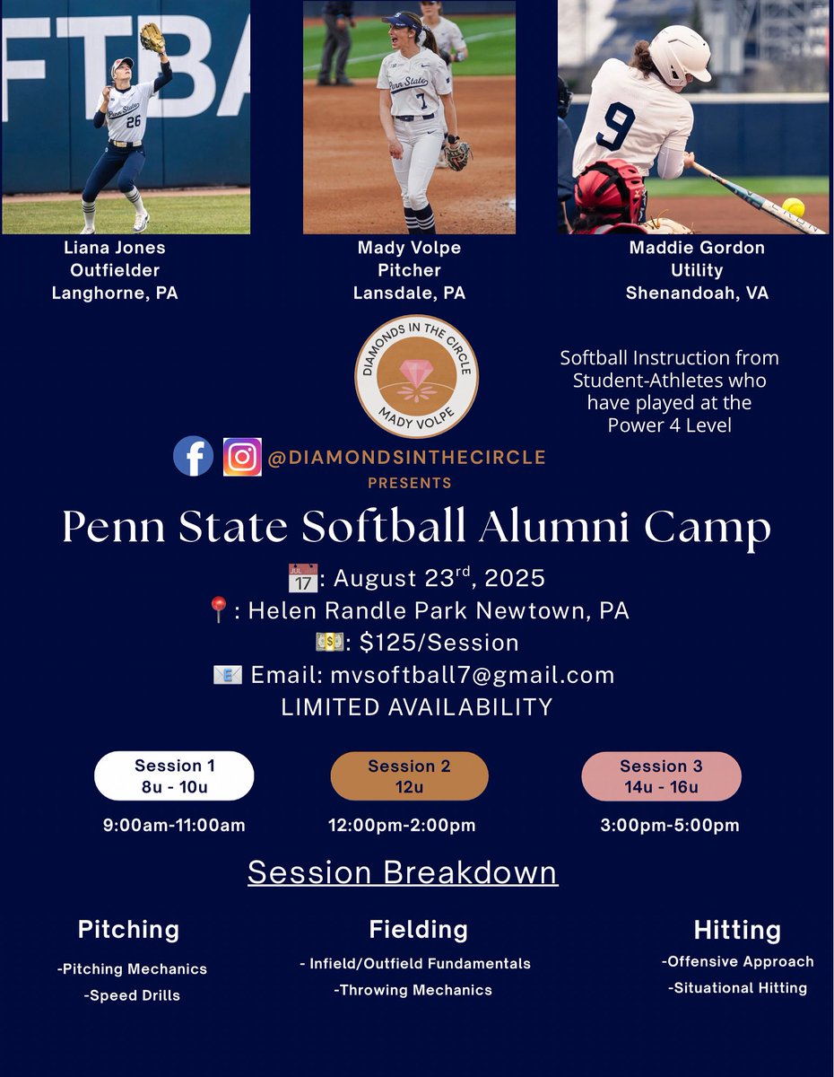 Join us on Saturday, August 23rd at Helen Randle Park for the Penn State Softball Alumni Camp! 

Registration link

docs.google.com/forms/d/e/1FAI…