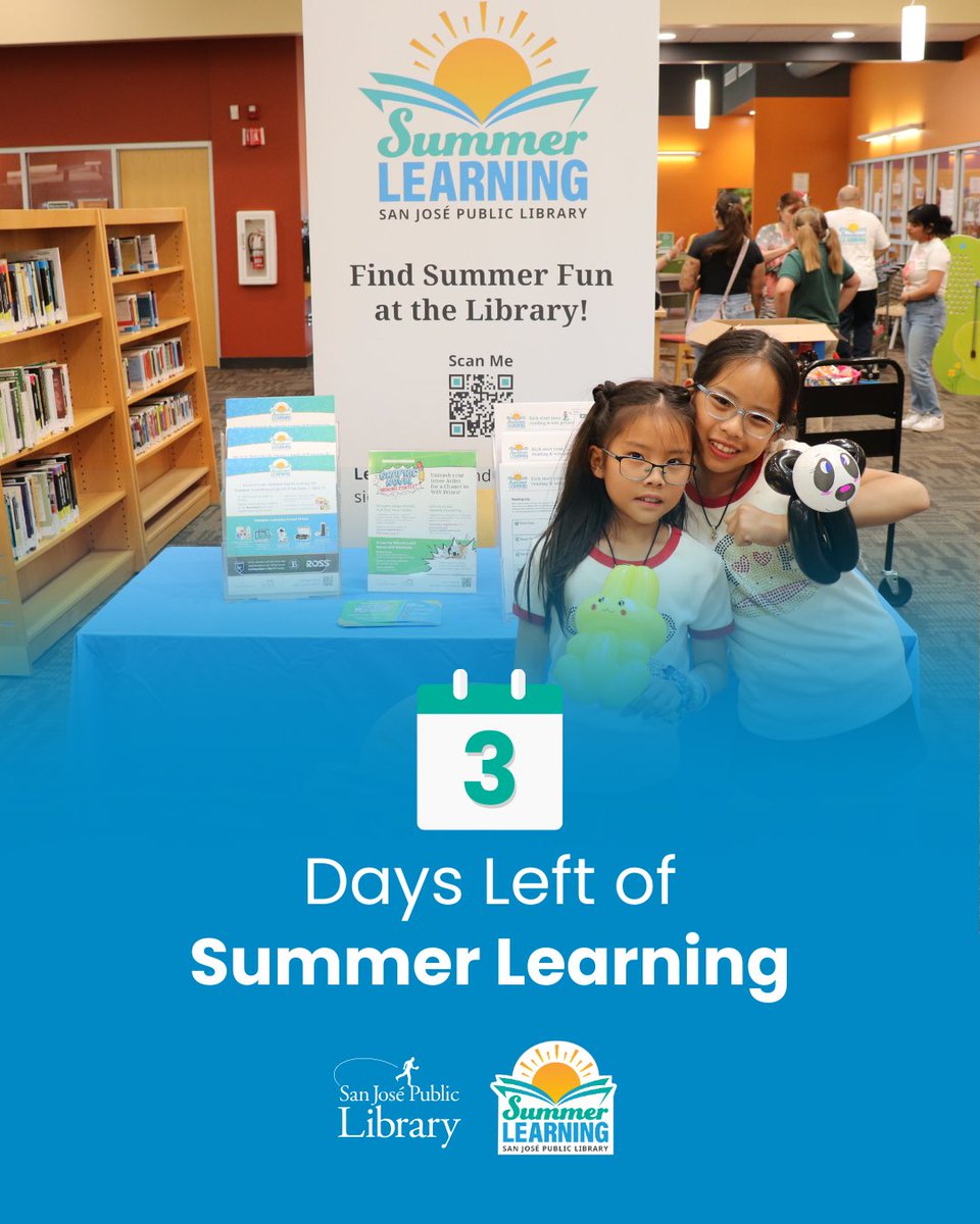 The end of #SummerLearning is 3 days away! 

Don't forget to log your reading on Beanstack before July 31st. Complete the reading challenge for a chance to win awesome prizes. 🏆

Learn how to log your reading at sjpl.org/Summer