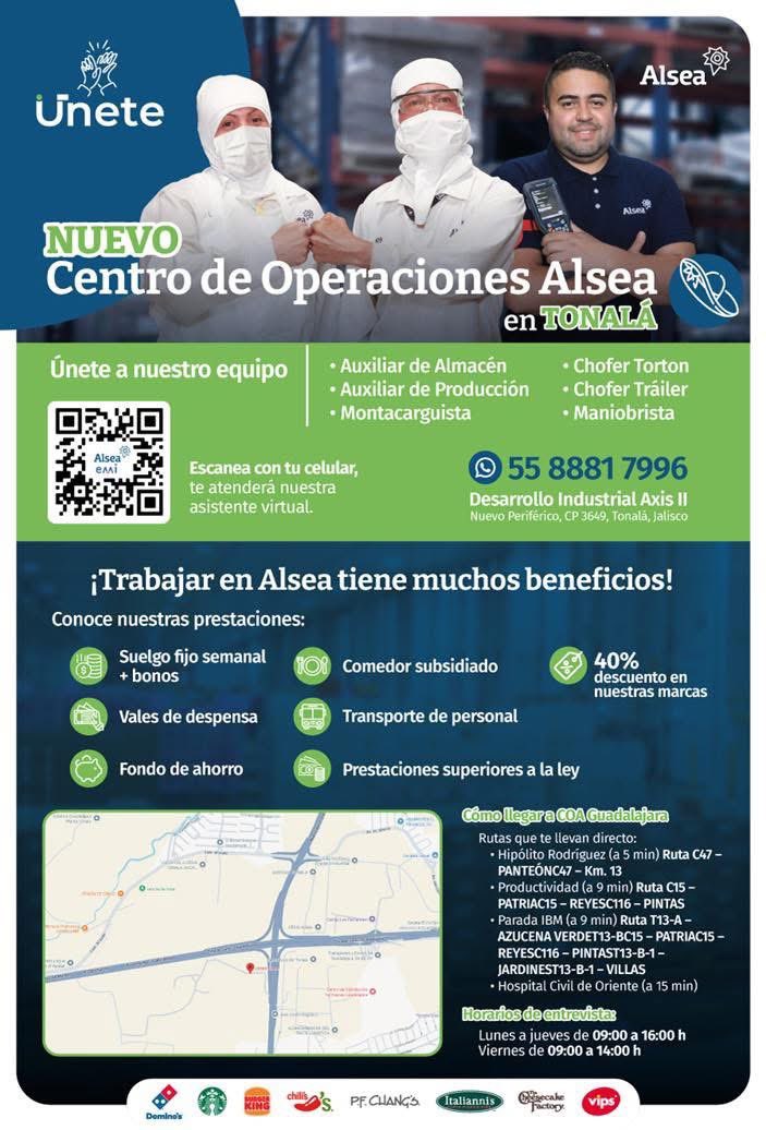 Únete al nuevo centro de operaciones Alsea en Tonalá 🗞️ 

Revisa los beneficios y puestos disponibles 👇🏽, mayor información al teléfono 55 8881 7996 ☎️