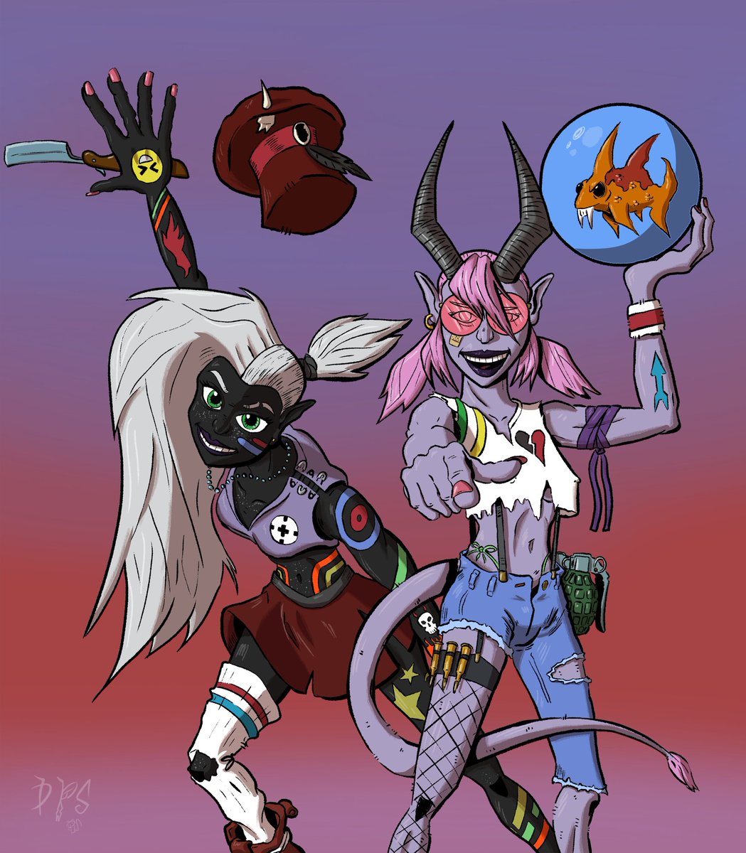 A fanart from the other day for a couple of a players characters from TTRPG podcasts, inspired by Jamie Hewlett's style and Tank Girl, which was the player's inspiration for their characters.

#art #characterart #digitalart