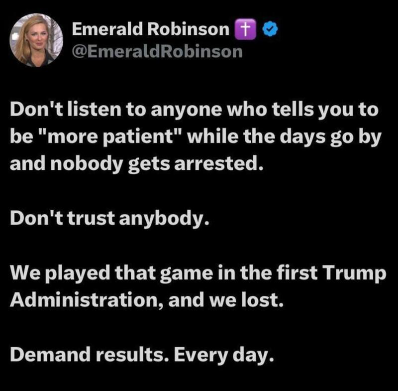 well.....??

<a href="/AGPamBondi/">Attorney General Pamela Bondi</a> 
<a href="/AAGDhillon/">AAGHarmeetDhillon</a> 
<a href="/FBIDirectorKash/">FBI Director Kash Patel</a> 
<a href="/FBIDDBongino/">Dan Bongino</a>  
<a href="/CIADirector/">CIA Director John Ratcliffe</a> 
<a href="/DHS_Wolf/">Acting Secretary Chad Wolf</a> 
<a href="/Sec_Noem/">Secretary Kristi Noem</a> 

Time for RESULTS......