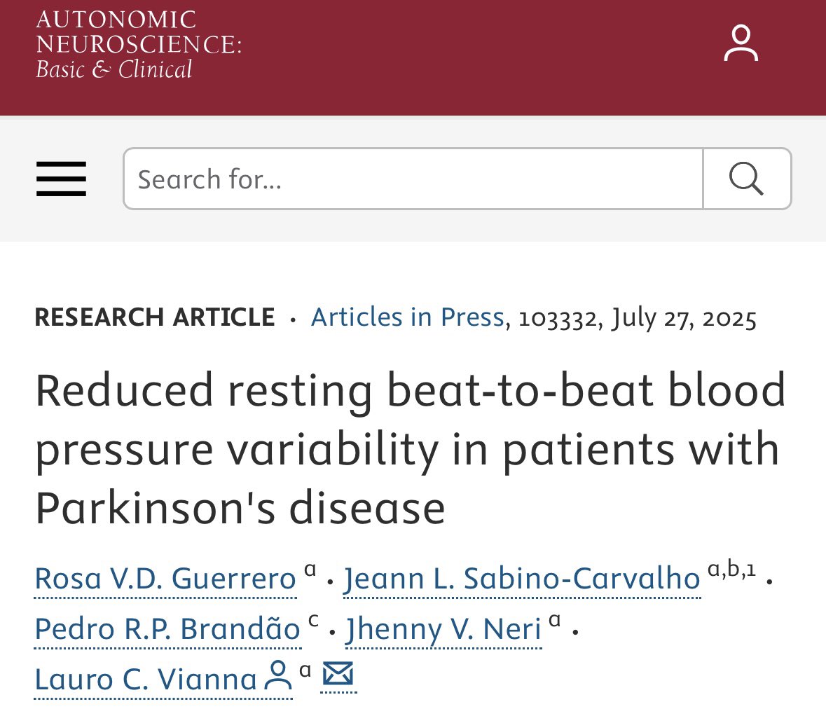 NeuroV̇ASQ̇ - Integrative Physiology Lab. (@neurovasq) on Twitter photo ‼️ Excited to share our latest article!
Reduced resting beat-to-beat blood pressure variability in patients with Parkinson's disease.
<a href="/ISANautonomic/">ISANautonomic</a>
@lauro_vianna <a href="/pedrorpbrandao/">Pedro Renato P. Brandão</a> 
<a href="/RosaVirginiaDi5/">Rosa Guerrero</a> <a href="/JeannSabino/">Jeann L. Sabino-Carvalho</a> 
🔗 autonomicneuroscience.com/article/S1566-… ‼️ Excited to share our latest article!
Reduced resting beat-to-beat blood pressure variability in patients with Parkinson's disease.
<a href="/ISANautonomic/">ISANautonomic</a>
@lauro_vianna <a href="/pedrorpbrandao/">Pedro Renato P. Brandão</a> 
<a href="/RosaVirginiaDi5/">Rosa Guerrero</a> <a href="/JeannSabino/">Jeann L. Sabino-Carvalho</a> 
🔗 autonomicneuroscience.com/article/S1566-…