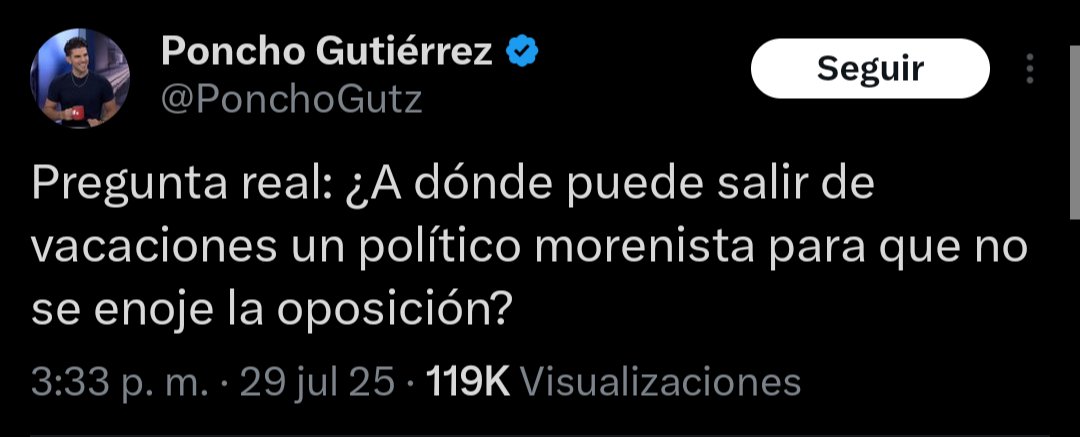 ¿Por qué opinadores como <a href="/PonchoGutz/">Poncho Gutiérrez</a>
 defienden las lujosas vacaciones de políticos de <a href="/PartidoMorenaMx/">Morena</a>?

Fácil: su salario.

La congruencia brilla por su ausencia cuando el discurso de austeridad choca con la realidad. #Morena #DobleDiscurso