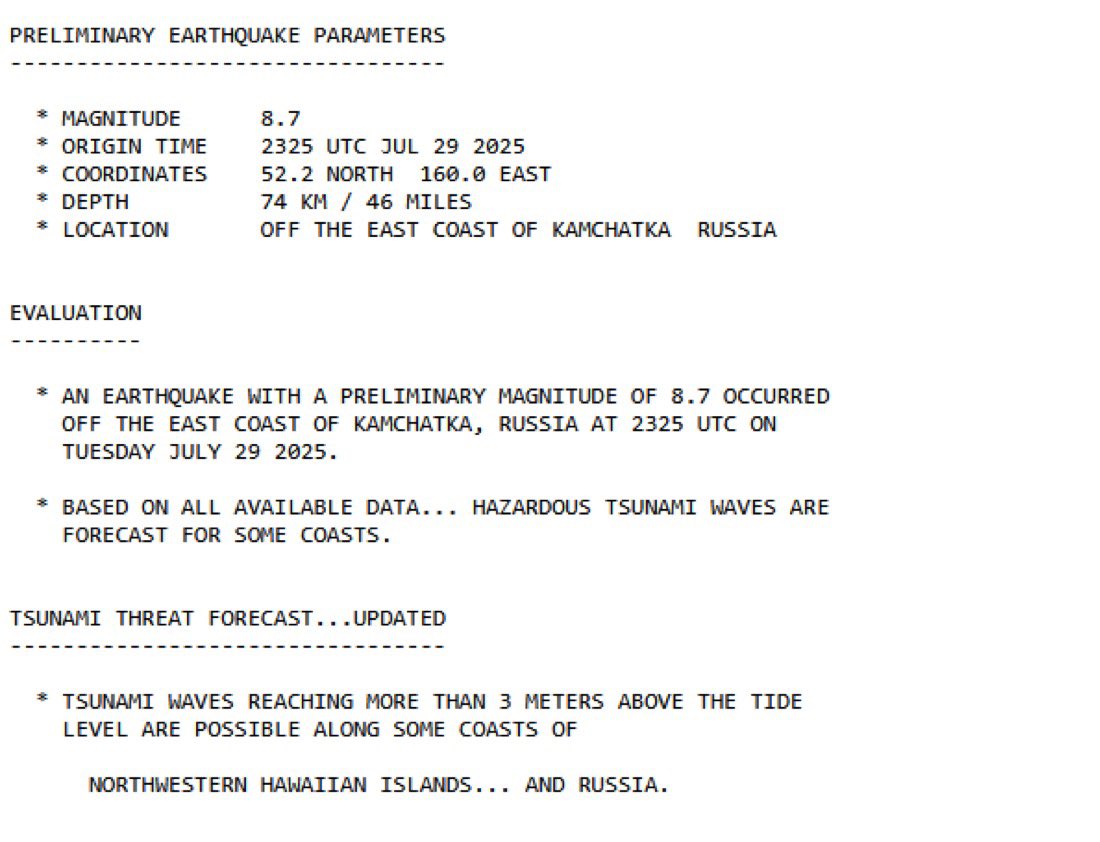 BREAKING 🚨 Pacific Tsunami Warning Center upgrades magnitude of earthquake to 8.7

Tsunami alert has spread to Alaska, Hawaii, Japan and Russia

HOLY SH*T
