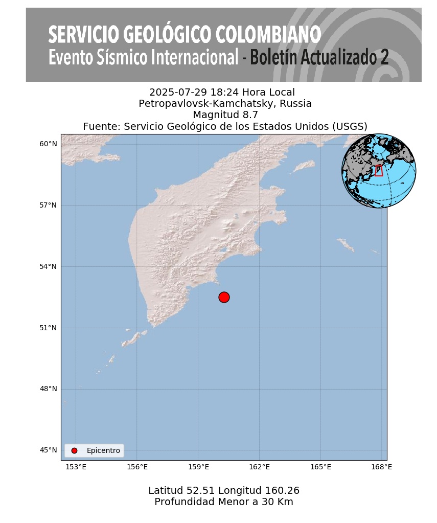 #SismosColombiaSGC  Evento Sísmico Internacional - Boletín Actualizado 2, 2025-07-29, 18:24 hora local. Magnitud 8.7, Profundidad superficial,  Petropavlovsk-Kamchatsky, Russia #NoticiaEnDesarrollo #Temblor #Sismo Más información: sgc.gov.co/sismos