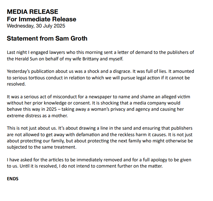 Sam Groth has engaged lawyers to commence legal proceedings against the Herald Sun. A letter of demand has been sent by the Liberal Deputy to the publisher of the newspaper. He is demanding an apology. #springst