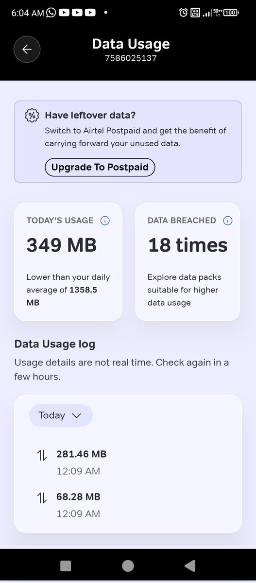 Again stolen by airtel company, last few days due to unknown reason they didn't steal any data. today morning I see this picture at app, it's clear that company make themselves as a big by stolen from customers and they well-known that customer didn't do against them anything.