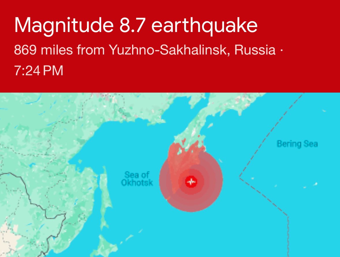 Ryan Morse (@ryanmorsewx) on Twitter photo An 8.7M earthquake occurred across the east coast of Russia. This has resulted in a Tsunami Watch for the entire west coast of the U.S and Hawaii.
Tsunami warning out for parts of Alaska.
<a href="/WISHNews8/">WISH-TV News</a> An 8.7M earthquake occurred across the east coast of Russia. This has resulted in a Tsunami Watch for the entire west coast of the U.S and Hawaii.
Tsunami warning out for parts of Alaska.
<a href="/WISHNews8/">WISH-TV News</a>