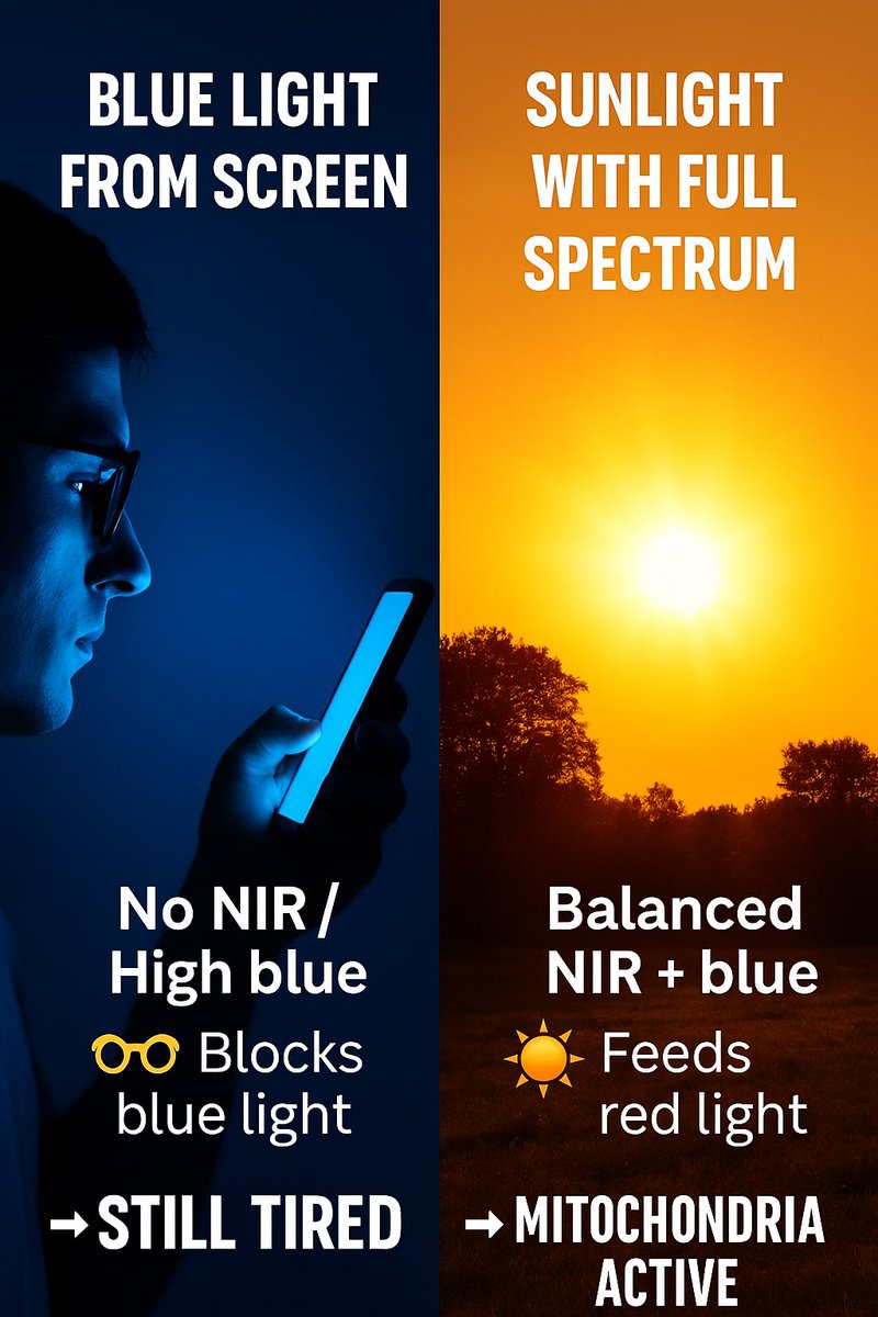 Brian Grimm, M.D. (@drgrimmmd) on Twitter photo This is why your screen is aging youโฆ and sunlight might be saving your brain.
๐ต Blue light destroys melatonin and mitochondrial timing.
๐ด Red/NIR light repairs the damage and itโs free.
Most people are staring into the wrong signal all day.
Iโll show you the difference. This is why your screen is aging youโฆ and sunlight might be saving your brain.
๐ต Blue light destroys melatonin and mitochondrial timing.
๐ด Red/NIR light repairs the damage and itโs free.
Most people are staring into the wrong signal all day.
Iโll show you the difference.