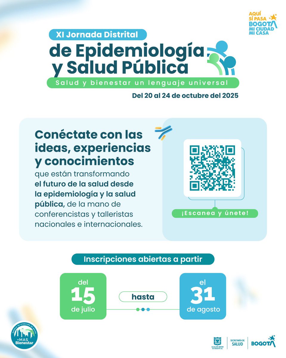Atención

Ya puedes consultar mayor detalle de nuestras Jornadas de   Epidemiología y Salud Pública de Octubre 

Talleres: saludcapital.gov.co/JEpid/Paginas/…

Conferencias:
saludcapital.gov.co/JEpid/Paginas/…

Postular investigaciones:
saludcapital.gov.co/JEpid/Paginas/…

Consulta el programa y registrate acá👇
