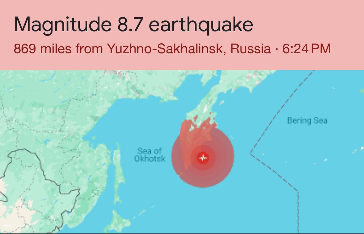 Massive 8.7 magnitude quake off Pacific coast of Russia. Tsunami Watch for the entire west coast of the U.S.