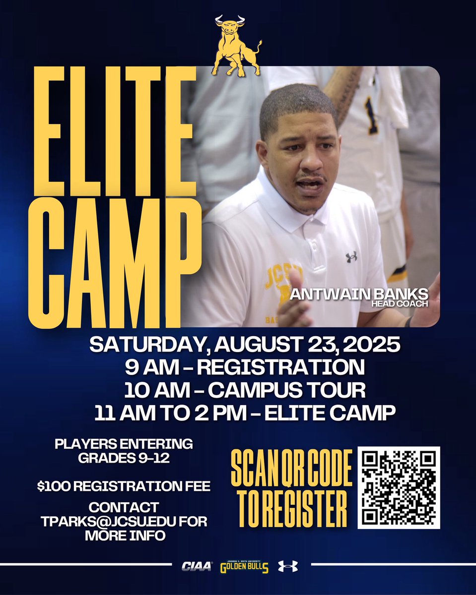 Johnson C Smith Men’s Basketball (@jcsumbb) on Twitter photo 🚨 Golden Bulls Elite Camp is Back! 🏀
📅 Aug 23, 2025
🕘 9 AM Registration | 10 AM Campus Tour | 11-2 Camp
🎓Grades 9–12
💵 $100 registration fee
Scan QR to register or email tparks@jcsu.edu for more info!
#TheStandardIsTheStandard | #GoldenBullPride 🚨 Golden Bulls Elite Camp is Back! 🏀
📅 Aug 23, 2025
🕘 9 AM Registration | 10 AM Campus Tour | 11-2 Camp
🎓Grades 9–12
💵 $100 registration fee
Scan QR to register or email tparks@jcsu.edu for more info!
#TheStandardIsTheStandard | #GoldenBullPride