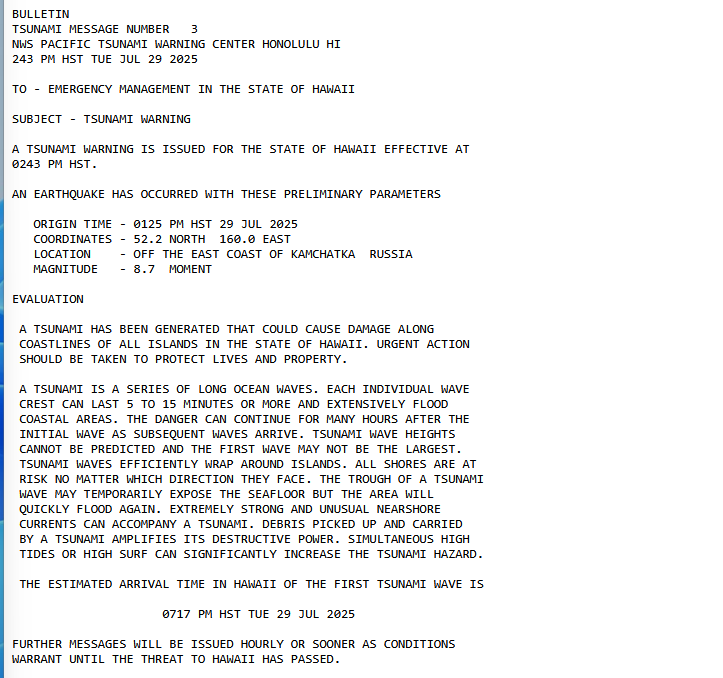 Tsunami Warning issued for the state of Hawaii