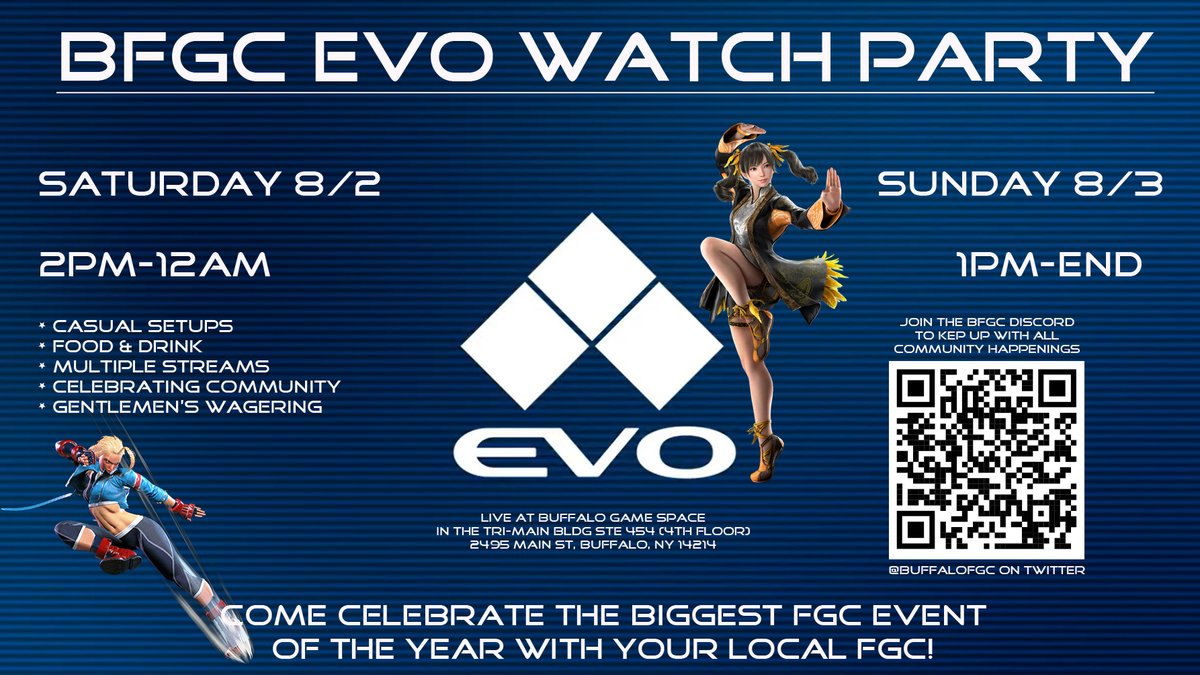 Official BFGC #Evo2025 watch party is going down Sat &amp; Sun at the Tri-Main Bldg. - 2495 Main St. 4th floor ste 454 (Buffalo Game Space)

Gonna be a fun time throwing down and talking shop while cheering on all da homies! 🦬 🦬 🦬