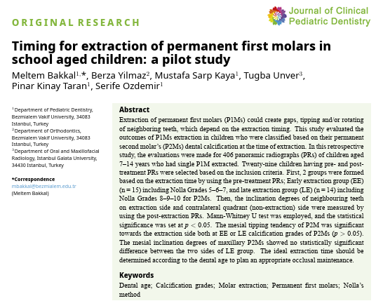 JOCPD_1974's tweet photo. Study finds extraction timing of permanent first molars impacts neighboring teeth tipping, with dental age key for optimal occlusal maintenance. ๐ฆท #PediatricDentistry #MolarExtraction
Read more:https://t.co/1hGTP7Jj8U https://t.co/RTORBVRkQa