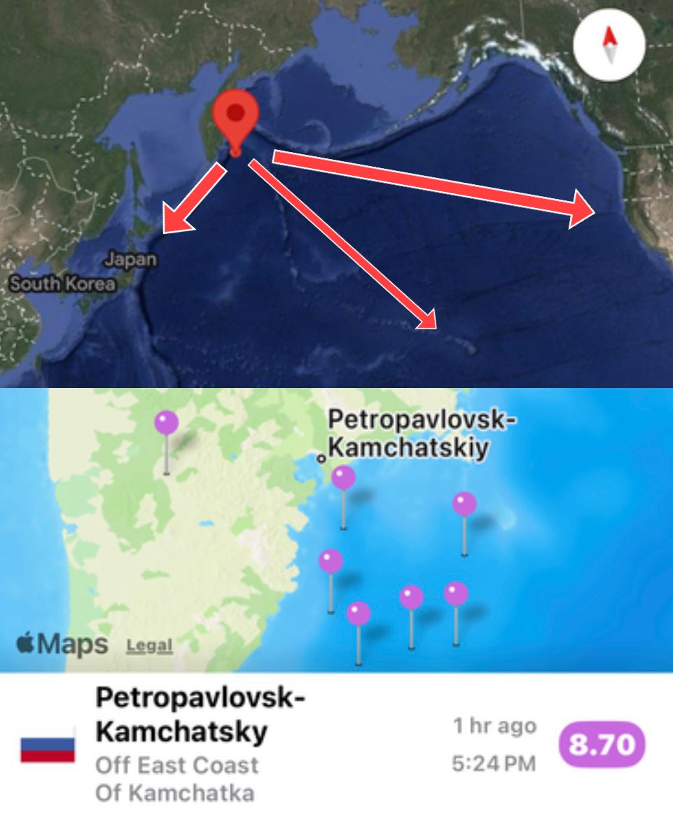 They just upgraded the Russia earthquake to a 8.7 and now Tsunami waves as high as 3-4 meters are being reported.

Hawaii, Japan, and California are all in the potential path.

Stay tuned and get to higher ground!
