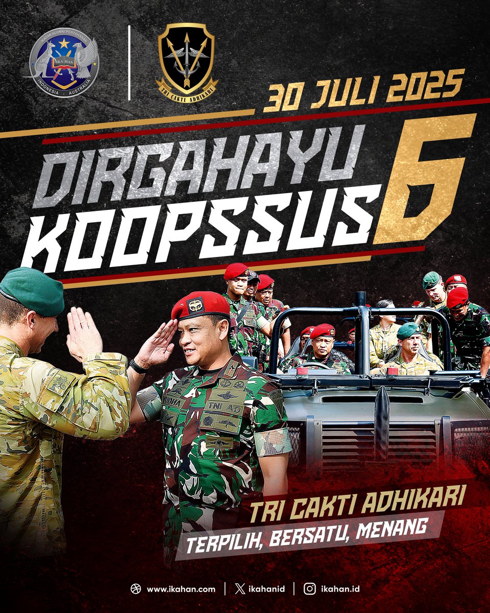 Congratulations to #TNI Special Operation Command #KOOPSSUS on your 6th anniversary! We wish Koopssus TNI every success in performing duties for the nation. 🇮🇩
“Tri Cakti Adhikari"
Chosen, United, and Victorious