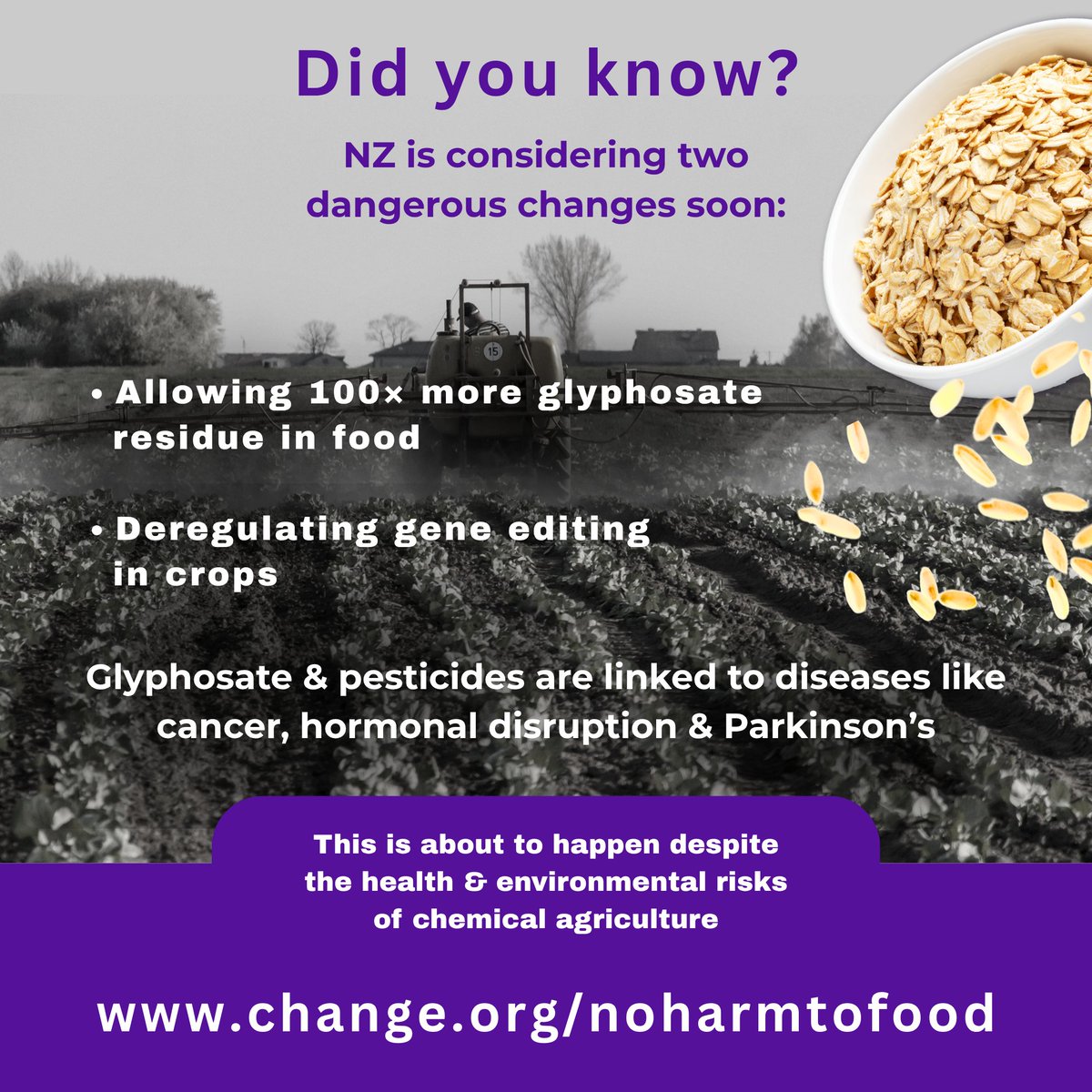 noharmtofoodNZ's tweet photo. Say no to two harmful bills.  
1. The Glyphosate Bill wants to allow 100x more glyphosate. 2. The gene tech bill means more harmful chemical sprays, that research says causes all kinds of disease:  
Petition/studies: https://t.co/wh8BFDXB6U 
#Cancer #NZ #glyphosate #pesticides https://t.co/Zzv0yiO34C