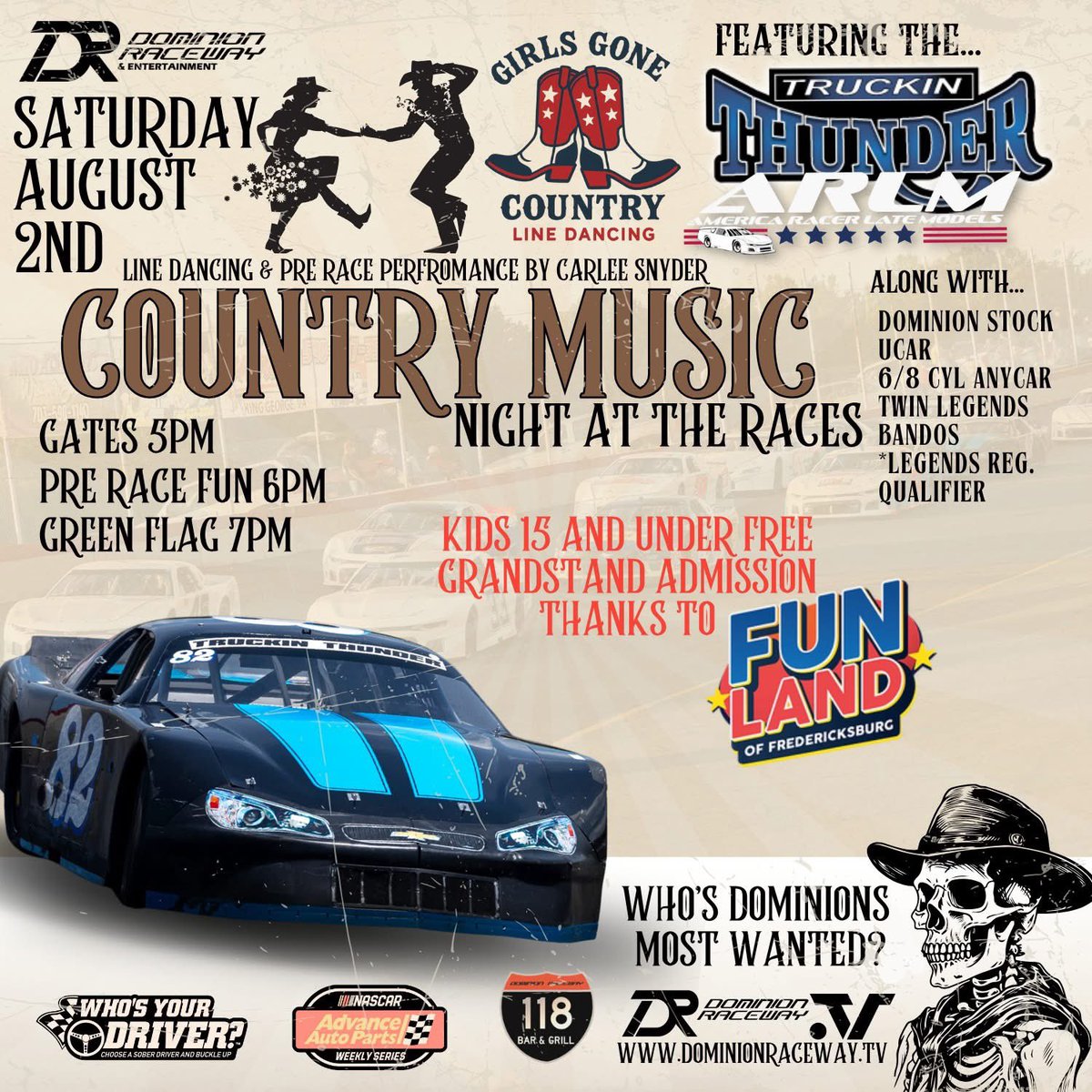 Dominion Raceway (@dominionraceway) on Twitter photo 🎶🔥 SATURDAY, AUGUST 2ND 🤠 It’s Country Music Night at the Races! 🔥🎶
Get ready for line dancing fun with Girls Gone Country Line Dancing and a live performance and National Anthem by Carlee Snyder, plus action-packed racing featuring the Truckin Thunder America Racer Late 🎶🔥 SATURDAY, AUGUST 2ND 🤠 It’s Country Music Night at the Races! 🔥🎶
Get ready for line dancing fun with Girls Gone Country Line Dancing and a live performance and National Anthem by Carlee Snyder, plus action-packed racing featuring the Truckin Thunder America Racer Late