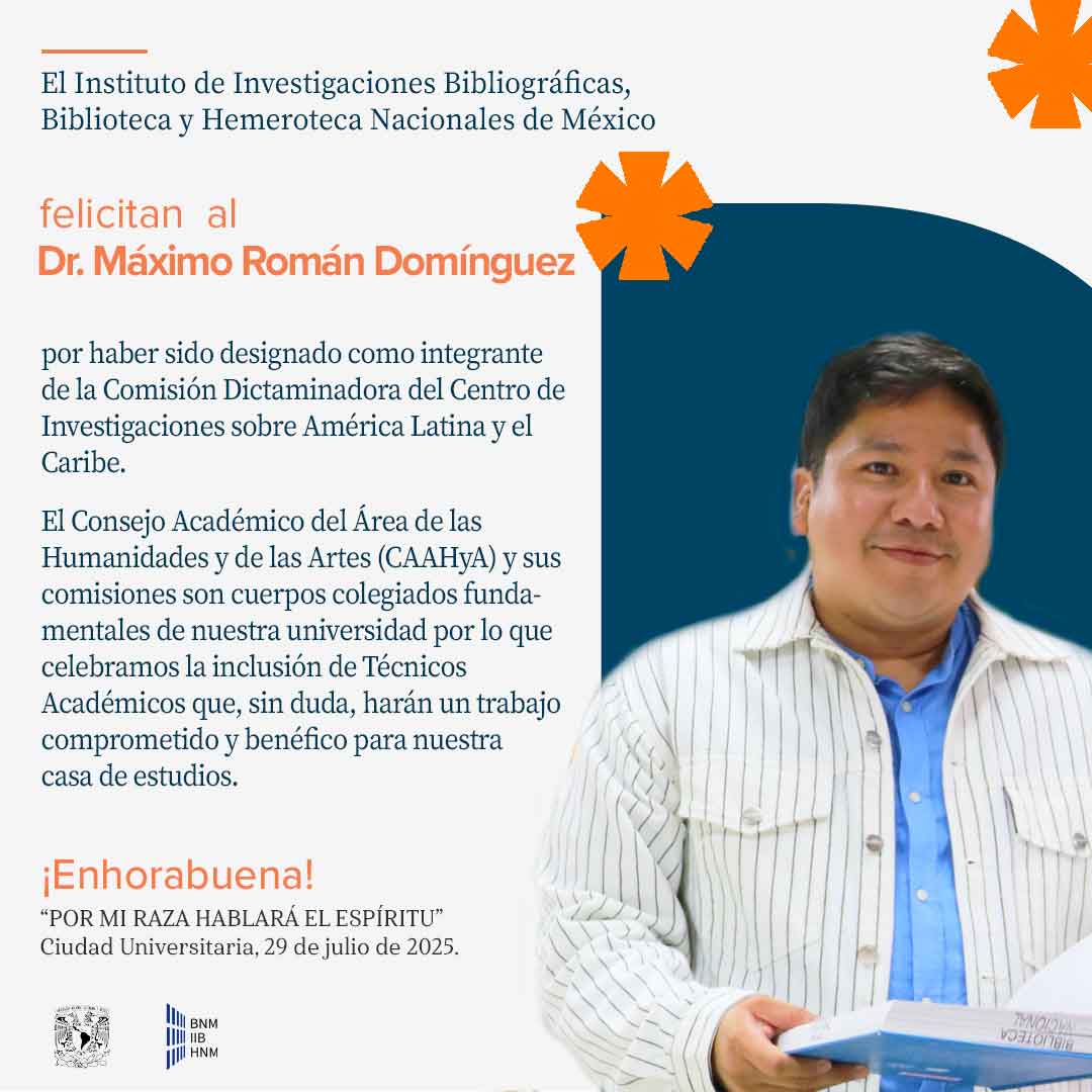 Biblioteca Nacional de México (@iibunam) on Twitter photo 👨🏽🏫📚 ¡Felicitamos al Dr. Máximo Román Domínguez por haber sido designado como integrante de la Comisión Dictaminadora del Centro de Investigaciones sobre América Latina y el Caribe! 👏🏽👏🏽👏🏽 👨🏽🏫📚 ¡Felicitamos al Dr. Máximo Román Domínguez por haber sido designado como integrante de la Comisión Dictaminadora del Centro de Investigaciones sobre América Latina y el Caribe! 👏🏽👏🏽👏🏽