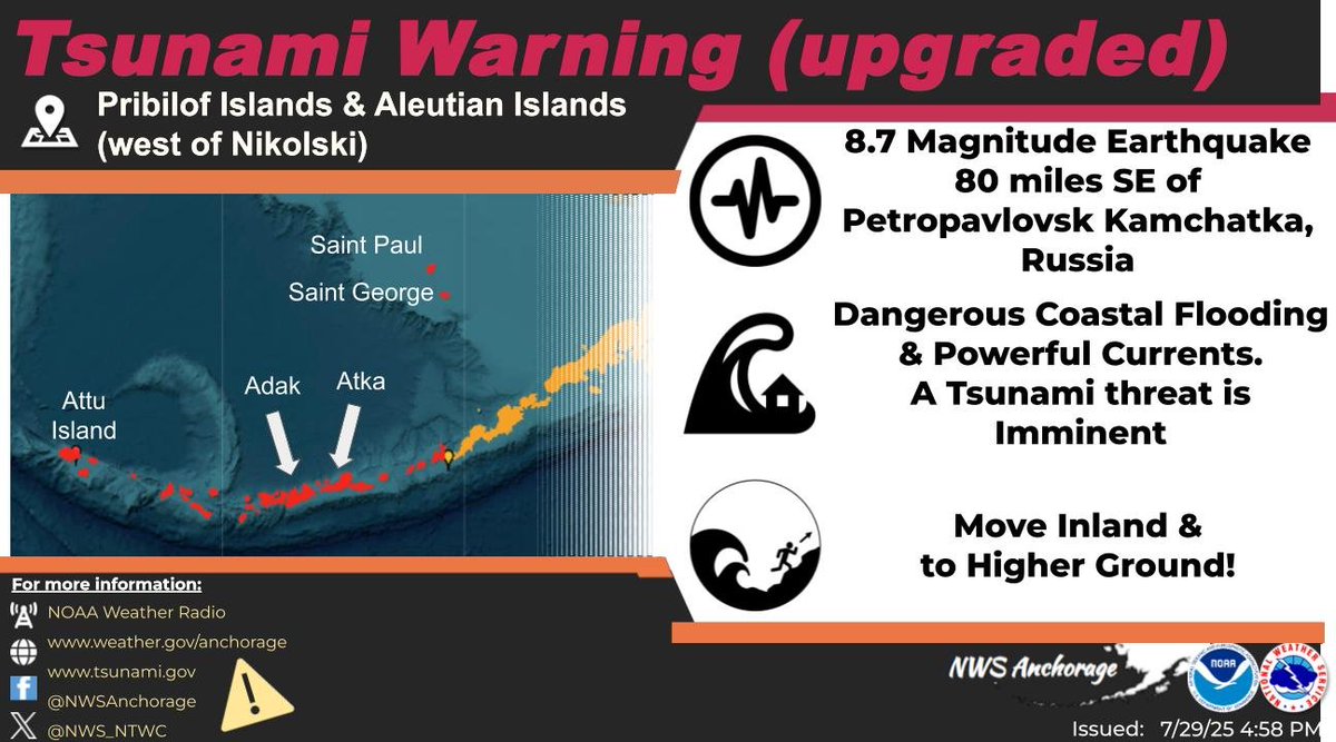 The tsunami advisory in effect from Samalga Pass (30 mi SW of Nikolski) to Attu Island has been upgraded to a tsunami warning.