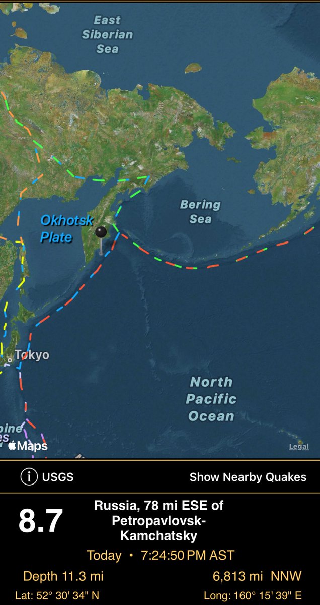 [ACTUALIZANDO] temblor poderoso de magnitud 8.7 al este de Rusia ocurrió a las 7:24 pm AST. Se ha generado tsunami en Océano Pacífico, y el Centro de Tsunami del Pacífico está emitiendo boletines. Aquellos de ustedes en Alaska, Hawaii, Guam, costa oeste de Canada y costa oeste de