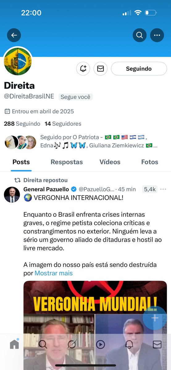 Te seguindo ,<a href="/DireitaBrasilNE/">Direita</a> ! Te segui de volta com a conta principal <a href="/SERGIORICKBSB/">SERGIO RICARDO</a> 🤝🤝Patriotas, vamos tentar fazer Direita passar de 100 seguidores ainda hoje? 💪💪🇧🇷🇧🇷PEÇO A DIREITA QUE SIGA DE VOLTA TODOS OS PATRIOTAS QUE IRÃO TE SEGUIR, COMBINADO DIREITA?