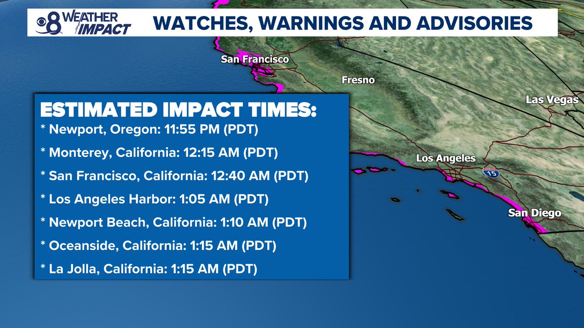 Following a strong earthquake near Russia's Kamchatka Peninsula, a Tsunami Watch has been issued along the West Coast. We could see impacts locally. Below are estimated start times for impacts. @cbs8