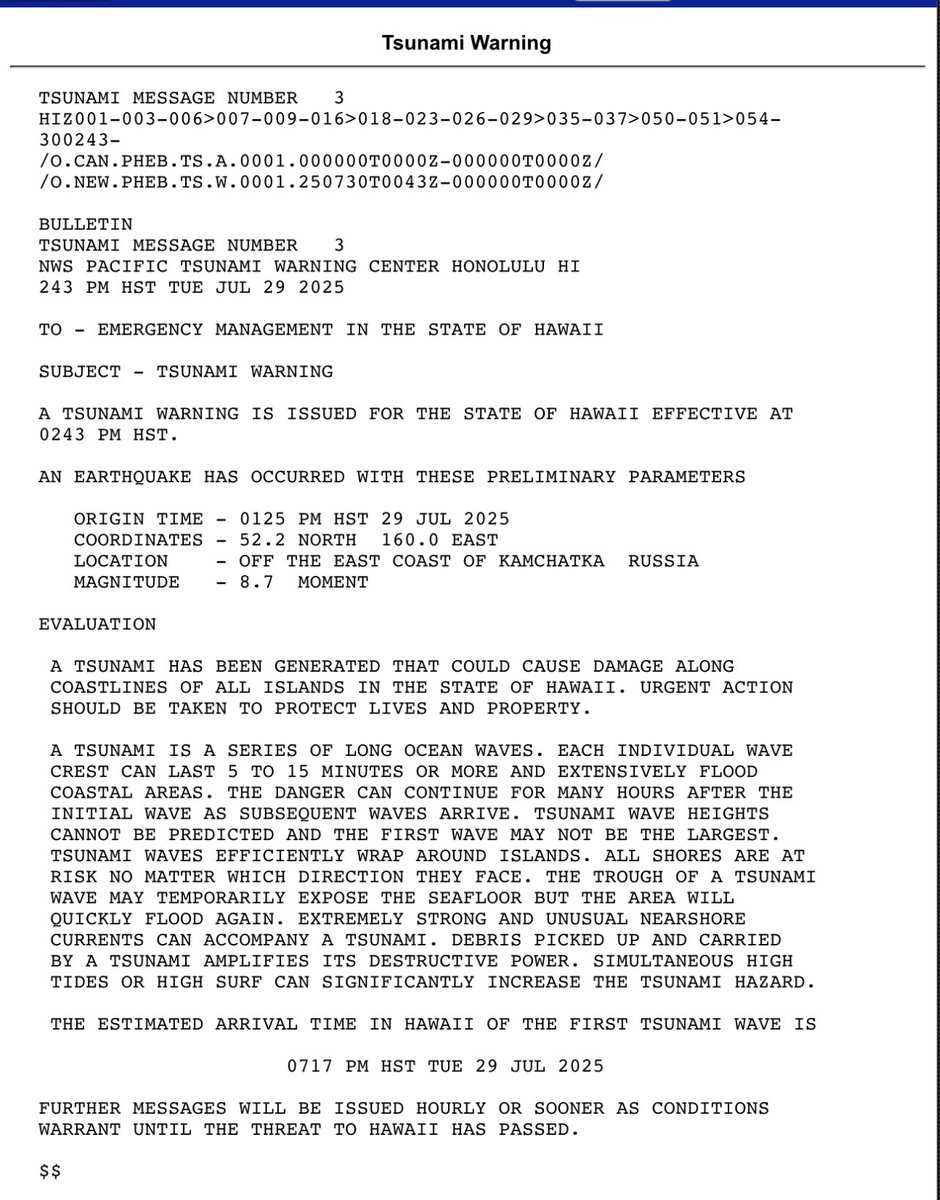 #BREAKING: TSUNAMI WARNING for Hawaii!