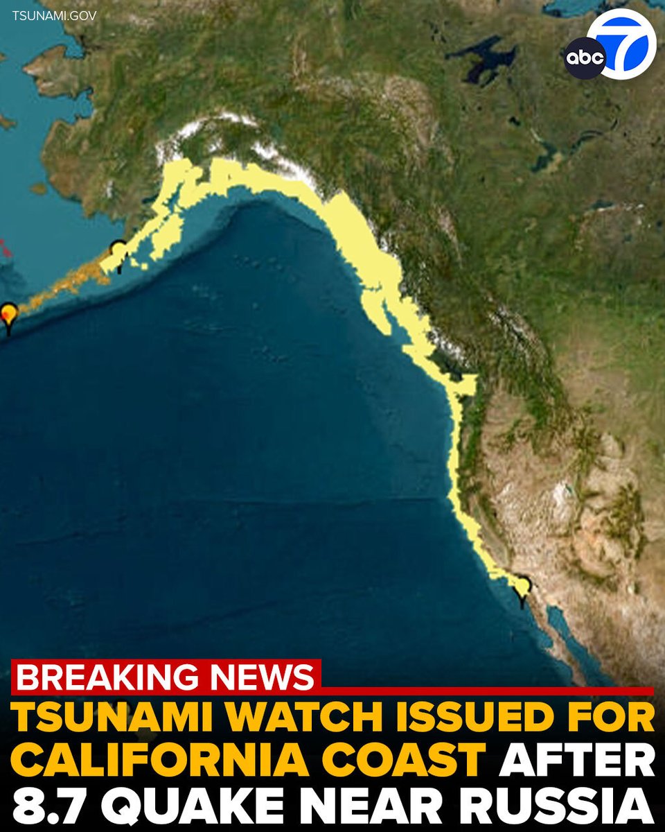 #BREAKINGNEWS: Tsunami alerts were issued for the West Coast, Alaska, and Hawaii on Tuesday after an 8.7 magnitude earthquake struck off the coast of Russia, according to officials. IF a wave is generated, it is expected to arrive in the Los Angeles area around 1 a.m.