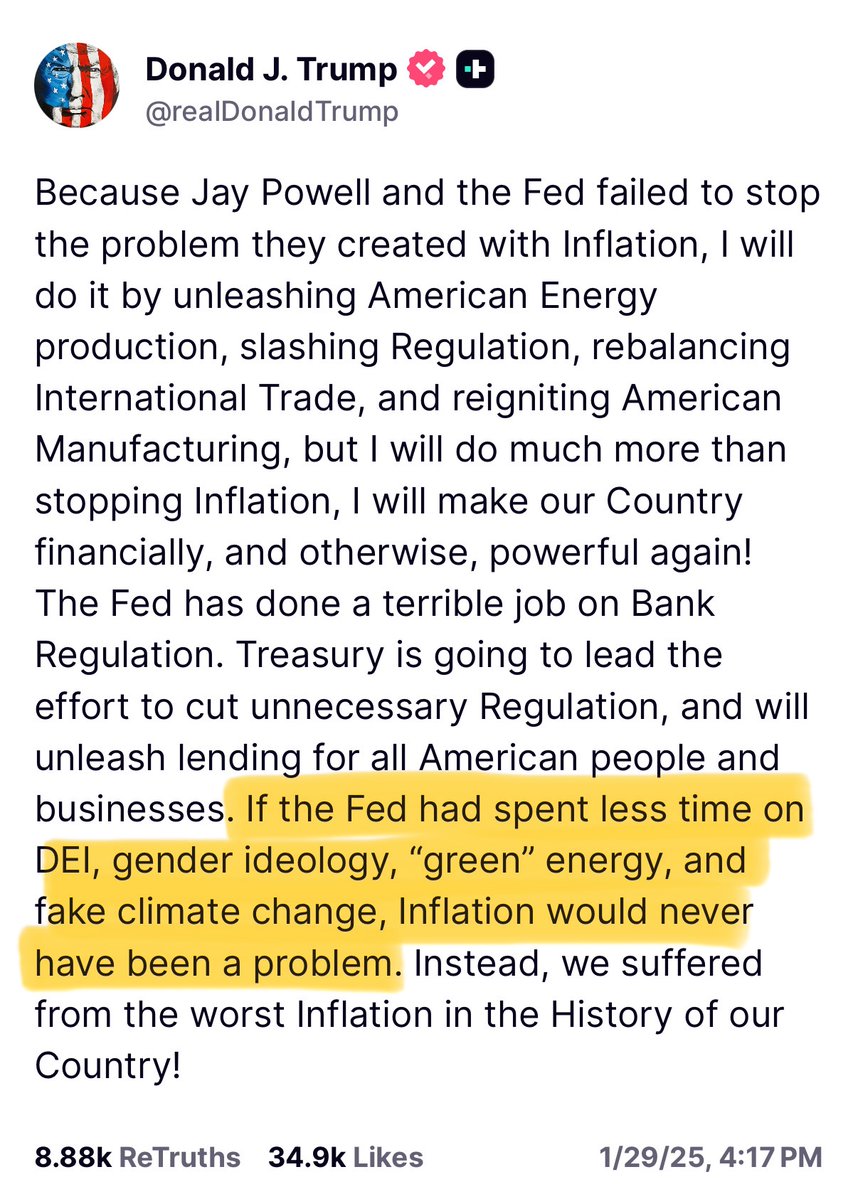 🧵1/ President Trump has been right on the money (as always) about Fed Chairman Jerome Powell’s monumental mismanagement of the Federal Reserve and our economy.  In a January 29, 2025 Truth Social post, the President wrote that “if the Fed had spent less time on DEI, gender