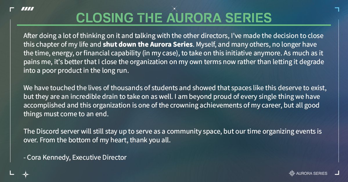 We have made the decision to close the Aurora Series, read more below