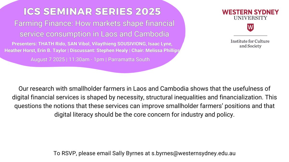 Our next seminar titled ‘Farming Finance: How markets shape financial service consumption in Laos and Cambodia’ by the Digital Finance and Farming (DiFF) team will be held in person on Parra South. All are welcome. For full details: bit.ly/2yV1mqW
