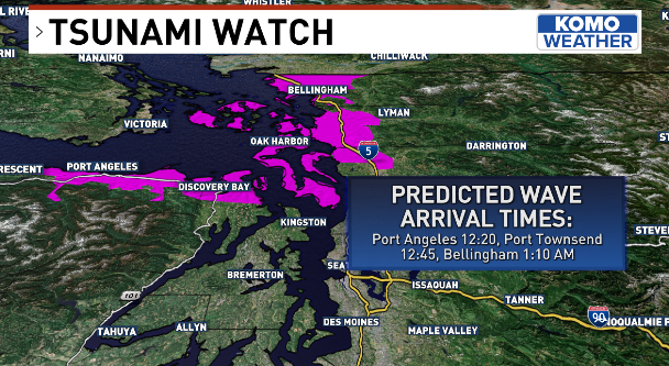 A TSUNAMI WATCH means a tsunami is *possible*, but not imminent or certain.

The NW Interior coastline is also under a Tsunami Watch, with arrival between midnight and 1:30 a.m.

This could get downgraded to cancellation or upgraded to a warning: prepare to take action if needed.