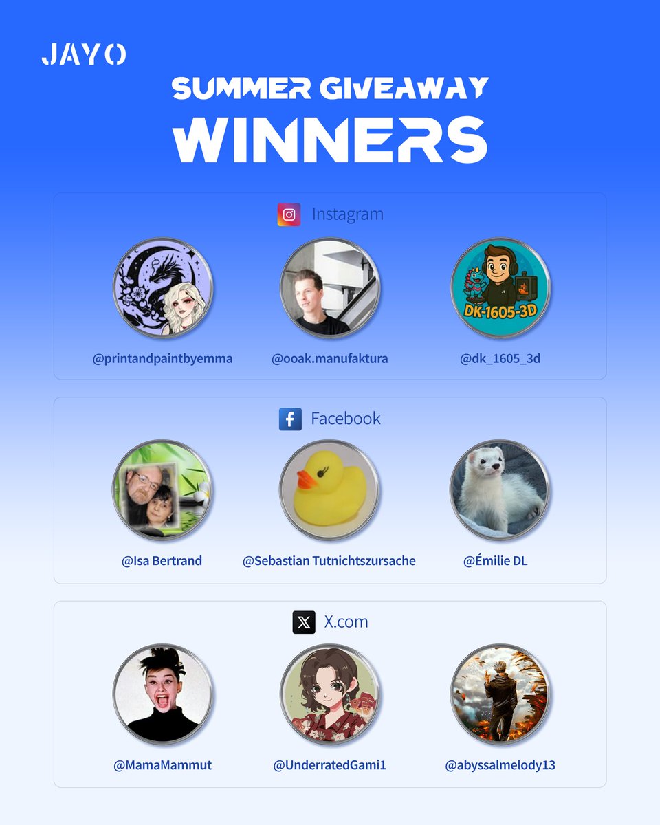 JAYO_filament (@jayo_filament) on Twitter photo 🎉GIVEAWAY WINNERS! 🎉
HUGE congrats to the winners of our Summer Giveaway!
🏆<a href="/MamaMammut/">Miss Geschick</a> ; <a href="/UnderratedGami1/">🎉UNDRRTEDGMNGLP 🍀</a> ; <a href="/abyssalmelody13/">Aby</a>
To our winners:
Please DM us with your details within 48 hours to receive your prize.
MASSIVE thanks to ALL who entered! 🙏
#Giveaway #WINNER #jayo 🎉GIVEAWAY WINNERS! 🎉
HUGE congrats to the winners of our Summer Giveaway!
🏆<a href="/MamaMammut/">Miss Geschick</a> ; <a href="/UnderratedGami1/">🎉UNDRRTEDGMNGLP 🍀</a> ; <a href="/abyssalmelody13/">Aby</a>
To our winners:
Please DM us with your details within 48 hours to receive your prize.
MASSIVE thanks to ALL who entered! 🙏
#Giveaway #WINNER #jayo