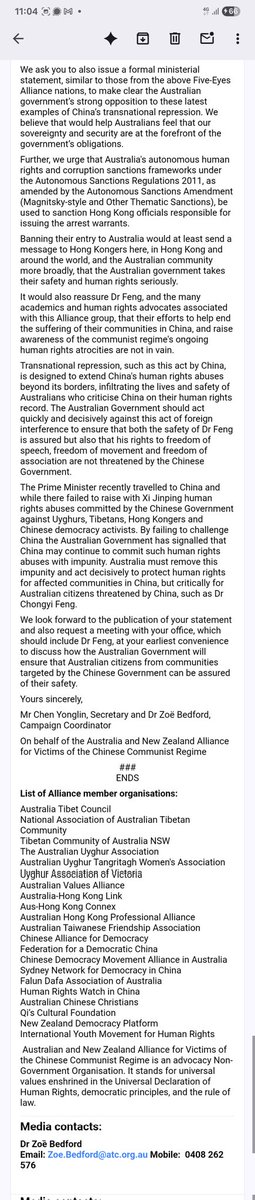 Received this Open Letter from the Australian and NZ Alliance for Victims of the Chinese Communist Regime requesting a formal statement from Penny Wong over HK police warrant for human rights advocate Dr Feng <a href="/FengChongyi/">Feng Chongyi</a>.
<a href="/SenatorWong/">Senator Penny Wong</a>: please stand up for our Australian values.